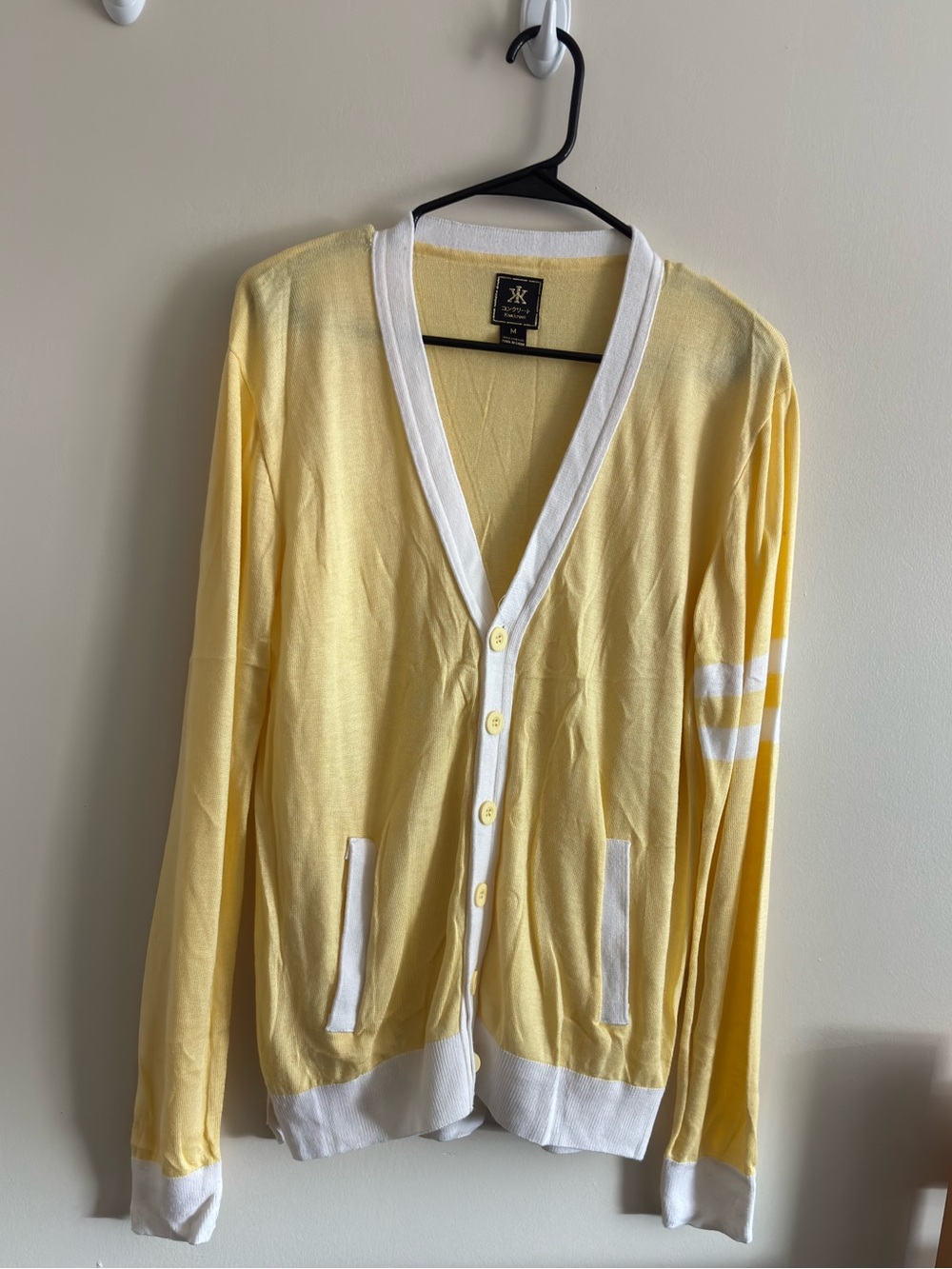 Light Yellow V-Neck Cardigan with White Trim - Men